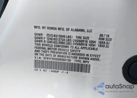 2019 Honda Pilot Ex-L z USA, uszkodzony, nr VIN 5FNYF5H55KB004130